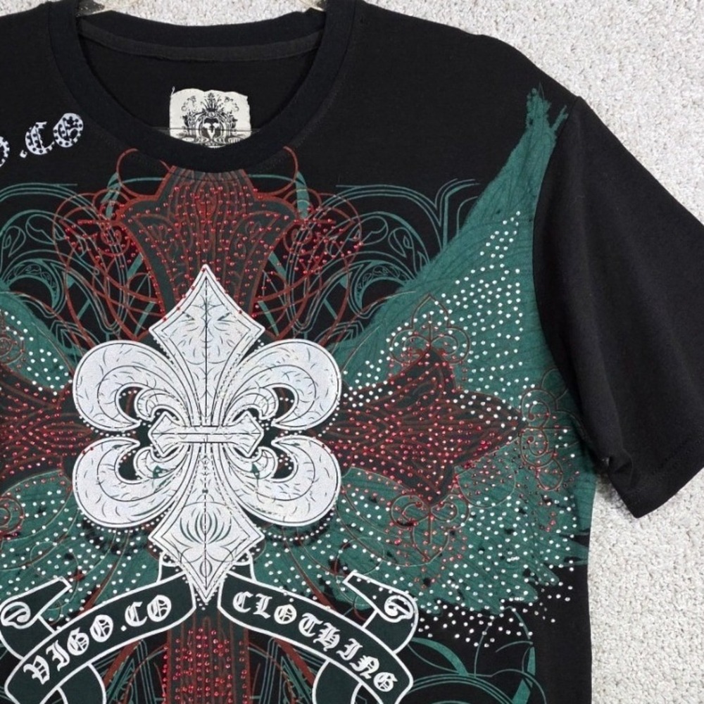 Vigo Co Affliction Style Graphic Tee Mens L Fleur De Lis Black Y2K Grunge Edgy